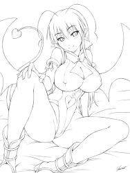 Rule 34 | 1girl, antenna hair, breasts, cleavage cutout, clothing cutout, demon girl, demon tail, greyscale, hand on own knee, kagehara hanzou, large breasts, lineart, lotte no omocha!, mercelida ygvar, monochrome, navel, pointy ears, signature, sitting, solo, spread legs, demon girl, tail, wings