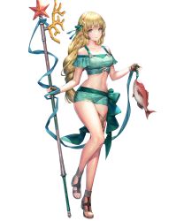 Rule 34 | 1girl, animal, bare shoulders, bikini, bikini shorts, braid, breasts, collarbone, fingerless gloves, fire emblem, fire emblem: three houses, fire emblem heroes, fish, full body, gloves, hair ornament, highres, holding, holding weapon, ingrid brandl galatea, leg up, long hair, looking at viewer, medium breasts, navel, nintendo, off-shoulder bikini, off shoulder, official art, polearm, sandals, sencha (senchat), short shorts, shorts, single braid, smile, solo, standing, standing on one leg, stomach, swimsuit, thigh strap, toes, transparent background, weapon
