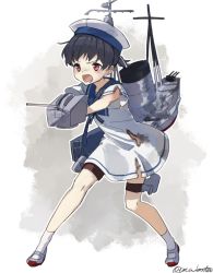 Rule 34 | 1girl, adapted turret, black hair, brown eyes, commentary request, dress, full body, hat, hiburi (kancolle), kantai collection, low ponytail, one-hour drawing challenge, open mouth, sailor collar, sailor dress, sailor hat, shoes, short hair, short sleeves, smokestack, socks, solo, standing, torn clothes, uwabaki, white background, white dress, white hat, white socks, yamashichi (mtseven)