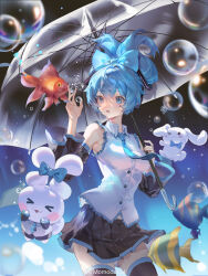 Rule 34 | 1girl, absurdres, black skirt, black sleeves, black thighhighs, blue bow, blue eyes, blue hair, blue necktie, blush, bow, bubble, cinnamiku, cinnamoroll, collared shirt, commentary, cowboy shot, detached sleeves, fish, hair between eyes, hair bow, hands up, hatsune miku, headphones, highres, holding, holding umbrella, koi, lips, long hair, looking at animal, matching outfits, momodacat, necktie, parted lips, rabbit, sanrio, shirt, skirt, sleeveless, sleeveless shirt, symbol-only commentary, teeth, thighhighs, transparent, transparent umbrella, umbrella, upper teeth only, vocaloid, weibo logo, weibo watermark, white shirt