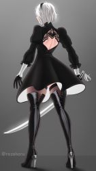 Rule 34 | 1girl, absurdres, artist name, back cutout, bad id, bad pixiv id, black dress, black footwear, black gloves, black hairband, boots, closed mouth, clothing cutout, commentary, dress, english commentary, facing away, from behind, full body, gloves, grey background, hairband, high heel boots, high heels, highres, holding, holding sword, holding weapon, juliet sleeves, katana, long sleeves, nier:automata, nier (series), puffy sleeves, rezeharu, shiny clothes, short hair, silver hair, simple background, solo, standing, sword, thigh boots, thighhighs, weapon, 2b (nier:automata)