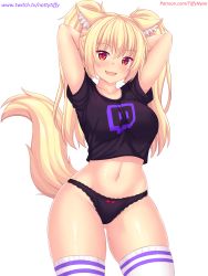 Rule 34 | 1girl, animal ears, arms behind head, arms up, black panties, blonde hair, blush, bow, bow panties, breasts, cat ears, cat tail, collarbone, cowboy shot, fang, gluteal fold, highres, large breasts, long hair, looking at viewer, navel, no pants, nottytiffy, open mouth, original, panties, red eyes, shirt, skin tight, slit pupils, smile, solo, t-shirt, tail, thighhighs, thighs, tiffy (nottytiffy), twintails, twitch.tv, underwear, virtual youtuber, watermark, web address, white background