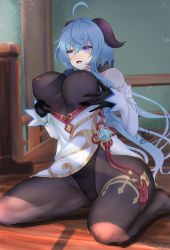 Rule 34 | 1girl, ahoge, artist name, artist request, bare shoulders, blue hair, blush, bodysuit, grabbing another&#039;s breast, breasts, covered erect nipples, detached sleeves, ganyu (genshin impact), genshin impact, gloves, grabbing, grabbing own breast, highres, horns, large breasts, leotard, long hair, naughty face, open mouth, pantyhose, pelvic curtain, purple eyes, shiny skin, sitting, skin tight, smile, solo, very long hair, wariza