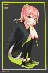 Rule 34 | 1girl, black background, black pants, black shirt, blush, bracelet, closed mouth, collarbone, full body, green eyes, green scrunchie, hair between eyes, hair intakes, hair ornament, hair scrunchie, highres, jewelry, long hair, looking at viewer, nonbire, original, pants, pants under shorts, pink hair, ponytail, scrunchie, shirt, shoes, short shorts, short sleeves, shorts, smile, sneakers, solo, sportswear, twitter username, white shorts