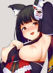 Rule 34 | 1girl, animal ears, arm behind head, armpits, azur lane, bad id, bad pixiv id, between breasts, black hair, breasts, breasts out, cat ears, grey background, highres, japanese clothes, kimono, large breasts, looking at viewer, mask, mask on head, nipples, no bra, obi, open mouth, pink lips, red eyes, sash, short hair, smile, solo, tear tear0320, yamashiro (azur lane)