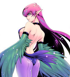 Rule 34 | 1girl, artist request, ass, backless outfit, bare shoulders, breasts, cowboy shot, duel monster, from behind, green eyes, harpie lady, harpie lady 1, harpy lady, large breasts, leotard, long hair, looking at viewer, looking back, pantyhose, pink hair, pointy ears, purple pantyhose, shiny clothes, shiny skin, sideboob, simple background, smile, solo, tail, very long hair, white background, winged arms, wings, yu-gi-oh!, yu-gi-oh! duel monsters