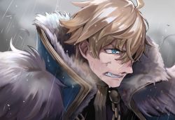 Rule 34 | 1boy, armor, blonde hair, blue cape, blue eyes, cape, collared cape, fate/extra, fate/grand order, fate (series), fur collar, gawain (fate), knight, knights of the round table (fate), looking to the side, male focus, minami ikkei, rain, short hair, solo, upper body