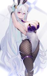 Rule 34 | 1girl, absurdres, armpits, arms behind head, arms up, azur lane, between breasts, breasts, bright pupils, cleavage, covered navel, daiiichukiii, detached collar, elbow gloves, feet out of frame, fishnet pantyhose, fishnets, gloves, green hair, highleg, highleg leotard, highres, kearsarge (all night charge) (azur lane), kearsarge (azur lane), large breasts, leaning back, leotard, long hair, looking at viewer, necktie, necktie between breasts, pantyhose, playboy bunny, purple eyes, purple necktie, sideboob, strapless, strapless leotard, stretching, thigh strap, very long hair, white hair