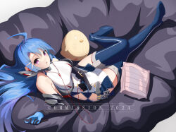 Rule 34 | 1girl, ahoge, ahrara, azur lane, bean bag chair, blue gloves, blue hair, boots, breasts, commission, earphones, elbow gloves, from above, gloves, hair intakes, helena (azur lane), highres, knees together feet apart, long hair, looking at viewer, lying, manjuu (azur lane), medium breasts, open mouth, purple eyes, solo, stuffed animal, stuffed toy, thigh boots, thighhighs, thighs, very long hair, zettai ryouiki