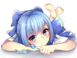 Rule 34 | 1girl, bad id, bad pixiv id, barefoot, blue dress, blue eyes, blue hair, blush, candy, cirno, dress, food, ice, ice wings, legs up, lollipop, looking at viewer, lying, matching hair/eyes, on stomach, otokuyou, shirt, short sleeves, smirk, solo, the pose, touhou, wings