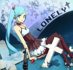 Rule 34 | 1girl, aqua hair, arm support, bad id, bad pixiv id, bare shoulders, blue eyes, blue hair, choker, cross, dress, earrings, francisco valle, frills, grave, hatsune miku, jewelry, legs, microphone, panties, pantyshot, ruins, shoes, side ponytail, sitting, solo, thighhighs, underwear, vocaloid