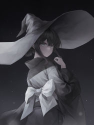 Rule 34 | 1girl, absurdres, black dress, black hair, bow, commentary, crystalherb, dark background, dress, dress bow, grey bow, grey eyes, grey hat, hair bun, hat, highres, japanese clothes, kimono, looking at viewer, looking back, original, sidelocks, solo, symbol-only commentary, witch, witch hat