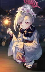 Rule 34 | 1girl, absurdres, blue archive, blurry, blurry background, closed mouth, commentary, evening, eyelashes, fireworks, floral print, flower, forehead, grey hair, hair bun, hair flower, hair ornament, halo, highres, holding fireworks, japanese clothes, kimono, light blush, long sleeves, looking at viewer, mutsuki (blue archive), mutsuki (new year) (blue archive), obi, obijime, official alternate costume, pink eyes, sandals, sash, shj1998z, shooting star, slit pupils, smile, solo, squatting, swept bangs, tabi, tongue, tongue out, white kimono, wide sleeves, zouri