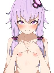 Rule 34 | 1girl, :&gt;, bad id, bad twitter id, blush, bright pupils, closed mouth, collarbone, completely nude, flat chest, hair between eyes, hair ornament, hair tubes, hands on own chest, light purple hair, linea alba, long hair, looking at viewer, nipples, nude, own hands together, purple eyes, rasusurasu, simple background, solo, straight hair, tsurime, upper body, voiceroid, white background, white pupils, yuzuki yukari