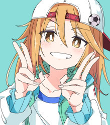 Rule 34 | 1girl, aqua background, brown eyes, clenched teeth, collarbone, commentary request, double v, hair between eyes, hand up, hat, idolmaster, idolmaster cinderella girls, ixy, jacket, long hair, looking at viewer, orange hair, simple background, smile, solo, teeth, upper body, v, white jacket, yuuki haru
