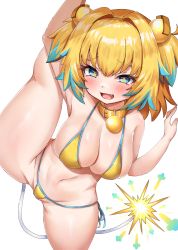 Rule 34 | + +, 1girl, :3, :d, bikini, blonde hair, blue eyes, blue hair, blush, bombergirl, breasts, cleavage, clover-shaped pupils, collar, colored tips, fang, fuse tail, grenade hair ornament, groin, highres, large breasts, looking at viewer, multicolored hair, navel, open mouth, oppai loli, pine (bombergirl), rokita, shiny skin, side-tie bikini bottom, smile, split, standing, standing on one leg, standing split, swimsuit, symbol-shaped pupils, two side up, yellow bikini