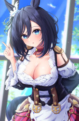 Rule 34 | 1girl, :o, absurdres, animal ears, apron, black hair, blue eyes, blurry, blurry background, blush, breasts, cleavage, collarbone, commentary request, depth of field, eishin flash (umamusume), frilled apron, frilled sleeves, frills, hair between eyes, hand up, highres, horse ears, horse girl, horse tail, index finger raised, large breasts, layered sleeves, leaning forward, long sleeves, looking at viewer, neko punch (user hddm3373), parted lips, pleated skirt, puffy short sleeves, puffy sleeves, shirt, short over long sleeves, short sleeves, skirt, solo, tail, umamusume, waist apron, white apron, white shirt, wide sleeves, window