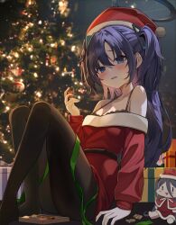 Rule 34 | 1girl, aris (blue archive), blue archive, blush, christmas, christmas tree, hair between eyes, halo, hat, highres, leepy, long hair, looking at viewer, mechanical halo, open mouth, purple eyes, purple hair, red hat, santa costume, solo, tagme, two side up, yuuka (blue archive)
