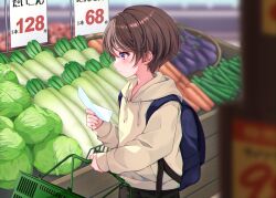 Rule 34 | 1boy, :|, absurdres, backpack, bag, basket, black pants, blue bag, blue eyes, blurry, blurry background, blurry foreground, brown hair, cabbage, carrot, child, closed mouth, commentary request, cucumber, eggplant, fingernails, from side, highres, holding, holding basket, holding paper, hood, hood down, hoodie, long sleeves, male focus, original, pants, paper, parsnip, shopping, shopping basket, short hair, sideways mouth, solo, tomato, turning head, upper body, xkasumikazex, yellow hoodie