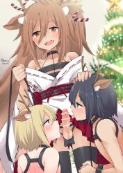 Rule 34 | 3boys, absurdres, androgynous, antlers, choker, christmas, cooperative fellatio, crossdressing, fellatio, highres, horns, multiple boys, oral, penis, pocchipocchi, tagme, trap, trap on trap, yaoi