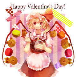 Rule 34 | 1girl, alternate wings, aofuji sui, apron, bad hands, bad id, bad pixiv id, blonde hair, bow, chocolate, cookie, dress, embodiment of scarlet devil, female focus, fingernails, flandre scarlet, food, happy valentine, hat, hat bow, heart, macaron, mixing bowl, nail art, nail polish, red eyes, short hair, short sleeves, solo, touhou, valentine, wings