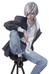 Rule 34 | absurdres, bad link, brown coat, chainsaw man, cigarette, coat, denim, eyepatch, highres, jeans, lipstick, liu2e3ing, makeup, mary janes, pants, ponytail, quanxi (chainsaw man), shoes, socks, stool, white background, white dress shirt, white hair, white socks