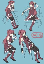 Rule 34 | 1girl, aqua background, black bow, black thighhighs, boots, bow, chair, closed mouth, detached sleeves, hair bow, highres, knee boots, magical girl, mahou shoujo madoka magica, mahou shoujo madoka magica (anime), multiple views, ponytail, red eyes, red footwear, red hair, red skirt, sakura kyoko, simple background, sitting, skirt, smile, thighhighs, xiao(xiaor), zettai ryouiki