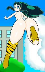 Rule 34 | 1girl, absurdres, animal print, ass, blue eyes, boots, chaoschrome, cone horns, eyeshadow, green hair, highres, horns, long hair, looking at viewer, lum, makeup, nude, oni, open mouth, solo, swimsuit, thighs, tiger print, urusei yatsura