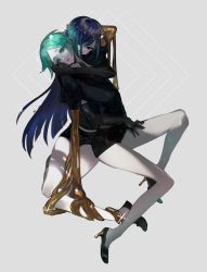 Rule 34 | 2others, androgynous, arm around waist, bad id, bad pixiv id, blue eyes, blue hair, blunt bangs, elbow gloves, evil smile, full body, gem uniform (houseki no kuni), gloves, gold, golden arms, green eyes, green hair, grey background, hair over one eye, hand on another&#039;s face, high heels, highres, houseki no kuni, hug, lapis lazuli (houseki no kuni), long hair, looking at viewer, lunch (lunchicken), melting, multiple others, phosphophyllite, short hair, smile, sparkle, spoilers