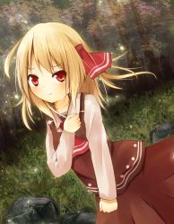 Rule 34 | 1girl, ascot, black skirt, blonde hair, bow, clenched hands, forest, grass, hair bow, hair ribbon, highres, long sleeves, looking at viewer, nature, raira, red bow, red eyes, ribbon, rock, rumia, shirt, short hair, skirt, solo, touhou, tree, vest, white shirt