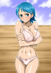 Rule 34 | 1girl, ann, arms under breasts, blue eyes, blue hair, blush, braid, breasts, cleavage, covered erect nipples, female focus, highres, large breasts, nel-zel formula, one piece, panties, short hair, standing, swimsuit, underwear