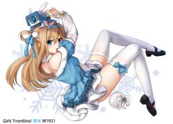 Rule 34 | 1girl, arm up, bare shoulders, black footwear, blonde hair, blue dress, blue hairband, blue ribbon, blush, breasts, character name, chien zero, copyright name, dress, fingernails, from side, full body, fur collar, girls&#039; frontline, hair between eyes, hair ornament, hair ribbon, hairband, heart, highres, huge filesize, layered dress, long hair, long sleeves, looking at viewer, looking to the side, mary janes, off-shoulder dress, off shoulder, official alternate costume, one side up, orb, ribbon, robot, see-through, shoes, simple background, skindentation, small breasts, snowflake background, snowflake hair ornament, solo, star (symbol), suomi (girls&#039; frontline), suomi (korvatunturi pixie) (girls&#039; frontline), thighhighs, white background, white ribbon, white thighhighs