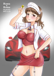 Rule 34 | 1girl, absurdres, alternate costume, artist name, blush, breasts, brown eyes, brown hair, character name, cleavage, closed mouth, commentary request, cropped jacket, dated, eyewear strap, ferrari, garter straps, glasses, gradient background, headdress, highres, holding, jacket, kantai collection, large breasts, lips, motor vehicle, name connection, navel, pince-nez, red skirt, roma (kancolle), short hair, simple background, skirt, skypixter, solo, thighhighs, vehicle request, white jacket, white thighhighs