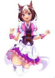 1girl absurdres animal_ears back_bow black_vest bow braid brown_hair collared_shirt cropped_jacket cropped_legs ear_ribbon frilled_skirt frills gluteal_fold hair_between_eyes highres horse_ears horse_girl jacket multicolored_clothes multicolored_hair multicolored_jacket neck_ribbon noyk_iv open_mouth parted_bangs pink_wrist_cuffs pleated_skirt puffy_short_sleeves puffy_sleeves purple_bow purple_eyes purple_ribbon ribbon shirt short_hair short_sleeves simple_background skirt solo special_week_(umamusume) tail teeth thighhighs two-tone_hair two-tone_jacket umamusume upper_teeth_only vest white_background white_hair white_skirt wrist_cuffs zettai_ryouiki