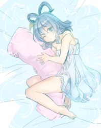 Rule 34 | 1girl, bare shoulders, barefoot, blue hair, body pillow, kaku seiga, lingerie, looking at viewer, lying, makuwauri, negligee, hugging object, on side, one eye closed, pillow, pillow hug, solo, spaghetti strap, touhou, underwear