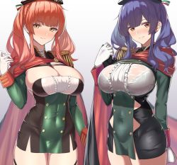 Rule 34 | 2girls, aiguillette, azur lane, beret, black cape, black headwear, bra, bra visible through clothes, breasts, cape, center frills, cleavage, covered navel, cowboy shot, dress, epaulettes, framed breasts, frills, hat, highres, italian flag, lace, lace-trimmed bra, lace trim, microdress, morino (harpoomoss), multiple girls, pola (azur lane), red cape, red hair, skindentation, taut clothes, taut dress, two-tone cape, two-tone dress, underwear, yellow eyes, zara (azur lane)