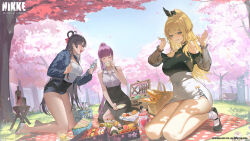 Rule 34 | 3girls, ahoge, alternate costume, animal ears, apple, baguette, bare legs, belt, bento, black belt, black choker, black footwear, black hair, black shirt, black shorts, black skirt, blonde hair, blue eyes, blue jacket, blush, bottle, braided hair rings, bread, breasts, casual, cherry blossoms, choker, closed eyes, clothing cutout, collar, collared shirt, commentary, copyright name, covered navel, cup, day, denim, denim jacket, dolla (nikke), drinking, drinking straw, earrings, egg (food), english commentary, fake animal ears, falling petals, food, fork, frilled collar, frilled sleeves, frills, fruit, full body, goddess of victory: nikke, grapes, grin, hair between eyes, hair intakes, hair ornament, hair ribbon, hair rings, hairclip, hanami, heart cutout, high-waist skirt, high heels, highres, hisiya (wldn1112), holding, holding bottle, holding cup, jacket, jewelry, kneeling, knife, logo, long hair, looking at another, looking at viewer, mary janes, medium breasts, miniskirt, multiple girls, official art, omelet, onigiri, open clothes, open jacket, open mouth, orange eyes, outdoors, pencil skirt, petals, picnic, picnic basket, picnic blanket, plate, polka dot, polka dot blanket, ponytail, purple hair, rabbit ears, red ribbon, ribbon, rupee (nikke), sandals, sandwich, second-party source, see-through, see-through sleeves, shirt, shirt tucked in, shoes, short shorts, shorts, shoulder cutout, shrimp, side slit, sitting, skirt, sleeveless, sleeveless shirt, smile, socks, spoon, sushi, talentum (nikke), tamagoyaki, teacup, watermark, white footwear, white shirt, white skirt, white socks, wine bottle, wing collar, yan (nikke), yokozuwari