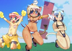 Rule 34 | !, 3girls, alicia priss, ameyama denshin, animal ears, armlet, bike shorts, bikini, blue hair, blush, boots, breasts, cat ears, cat tail, cleavage, dark-skinned female, dark skin, eyepatch, flare priss, flat chest, gloves, highres, little tail bronx, multicolored hair, multiple girls, navel, open mouth, panties, pasties, red hair, short hair, shorts, siblings, sisters, slingshot swimsuit, stare priss, sweat, swimsuit, tail, tail concerto, two-tone hair, underwear, wardrobe malfunction