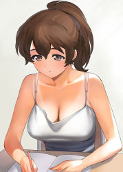 Rule 34 | 1girl, a1 (initial-g), bare shoulders, black ribbon, bra strap, breasts, brown eyes, brown hair, camisole, chair, commentary, dot nose, foreshortening, girls und panzer, hair between eyes, hair ribbon, high ponytail, highres, holding, koyama yuzu, large breasts, looking down, mechanical pencil, parted lips, pencil, ribbon, simple background, solo, tan, tanline, upper body, white camisole