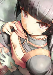 Rule 34 | 10s, 1girl, black hair, blunt bangs, blurry, blush, breasts, closed mouth, colored eyelashes, depth of field, downblouse, frills, from above, gate - jieitai ka no chi nite kaku tatakaeri, gloves, holding hands, lifted by self, long hair, long sleeves, looking at viewer, out of frame, piro (orip), pov, red eyes, ribbon, rory mercury, signature, small breasts, smile, snowing, solo focus, turtleneck, upper body