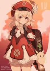Rule 34 | 1girl, ahoge, aoi suzu, backpack, bag, beige scarf, blonde hair, bloomers, brown bag, brown gloves, cabbie hat, closed mouth, commentary request, cowboy shot, dodoco (genshin impact), dress, genshin impact, gloves, hands up, hat, hat feather, hat ornament, highres, klee (genshin impact), light blush, long sleeves, looking at viewer, low twintails, pointy ears, puffy long sleeves, puffy shorts, puffy sleeves, red dress, red eyes, red hat, short dress, shorts, smile, solo, twintails, underwear, white bloomers