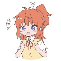 Rule 34 | 1girl, :d, asahigaoka school uniform, blue eyes, blush stickers, collared shirt, commentary request, cropped torso, hair ribbon, hands up, koshigaya natsumi, long hair, neck ribbon, non non biyori, notice lines, open mouth, orange hair, ponytail, red ribbon, ribbon, school uniform, shika (s1ka), shirt, short sleeves, smile, solo, sweater vest, upper body, white ribbon, white shirt