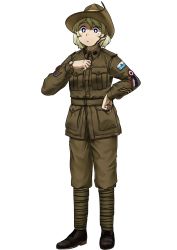 Rule 34 | 1girl, absurdres, anyan (jooho), belt, black footwear, blonde hair, blue eyes, brown hat, brown jacket, brown pants, buttons, closed mouth, full body, hand on own hip, hat, highres, jacket, military, military rank insignia, military uniform, original, pants, shoes, short hair, simple background, solo, standing, uniform, watch, white background, world war i, wristwatch