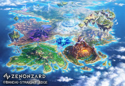 Rule 34 | city, cliff, cloud, cloudy sky, commentary request, continents, copyright name, crystal, day, dragon, fantasy, floating island, from above, highres, island, landscape, mountain, ocean, official art, outdoors, scenery, shiki makoto, sky, water, watermark, world map, zenonzard