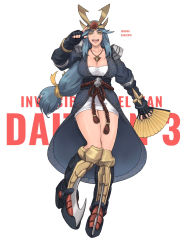 Rule 34 | 1girl, black gloves, boots, breasts, character name, chinese commentary, cleavage, collarbone, copyright name, daitarn 3, fingerless gloves, floating hair, gloves, headdress, highres, holding, holding clothes, japanese clothes, jewelry, jinri shijie, knee boots, large breasts, long hair, low-tied long hair, muteki koujin daitarn 3, necklace, obi, open mouth, personification, pointing, sash, solo