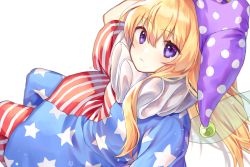 Rule 34 | 1girl, american flag dress, american flag legwear, arm up, bad id, bad pixiv id, blue dress, blue pantyhose, cheunes, clownpiece, commentary, dress, fairy wings, hair between eyes, hat, highres, jester cap, long hair, neck ruff, pantyhose, polka dot headwear, purple hat, red dress, red pantyhose, short dress, short sleeves, simple background, sitting, solo, star (symbol), star print, striped clothes, striped dress, striped pantyhose, touhou, white background, wings