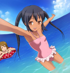 Rule 34 | 00s, 2girls, armpits, bad id, bad pixiv id, black hair, brown eyes, closed eyes, flat chest, foreshortening, hashi, hirasawa yui, innertube, k-on!, long hair, multiple girls, nakano azusa, one-piece swimsuit, outstretched arms, pink one-piece swimsuit, polka dot, spread arms, swim ring, swimsuit, tan, twintails, wading, water