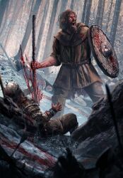 Rule 34 | 2boys, armor, beard, blood, blood in hair, blood on clothes, blood on face, blood splatter, bloody weapon, brown hair, brown pants, brown shirt, corpse, facial hair, gwent (game), highres, holding, holding polearm, holding weapon, multiple boys, non-web source, open mouth, outdoors, pants, polearm, shield, shirt, short hair, spear, stab, teeth, the witcher (series), tree, weapon