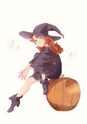 Rule 34 | 1girl, black hat, closed mouth, curly hair, dragon quest, dragon quest vii, dress, full body, green eyes, halloween, halloween costume, hat, high heels, highres, large hat, long hair, looking at viewer, maribel (dq7), pichiro, pumpkin, red hair, simple background, solo, white background, witch hat