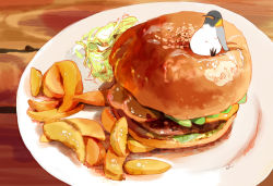 Rule 34 | 1other, artist name, bird, burger, chai (drawingchisanne), commentary request, food, food focus, highres, no humans, original, penguin, plate, potato, sitting on food, table, wooden table